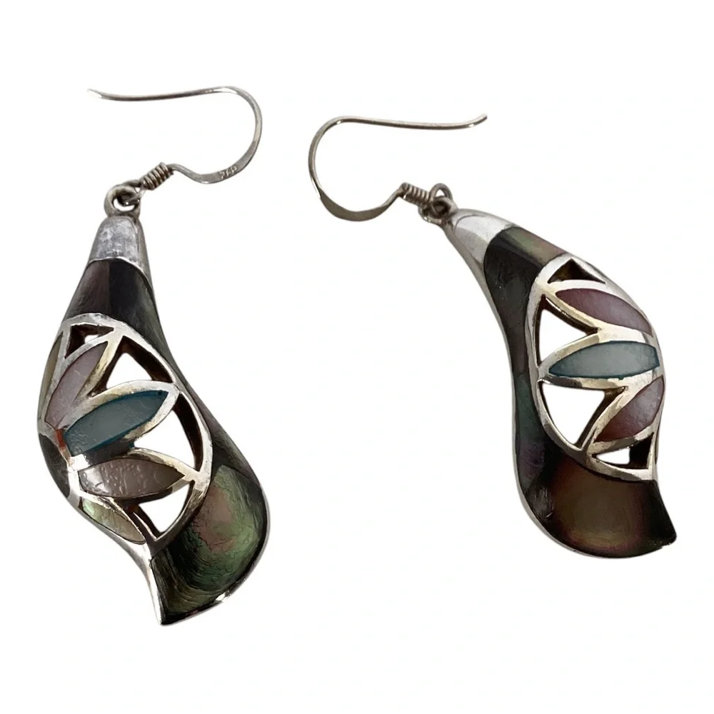 925 Sterling Silver Iridescent MOP Drop Hook Earrings Pink Blue Purple Green EUC - Picture 7 of 14